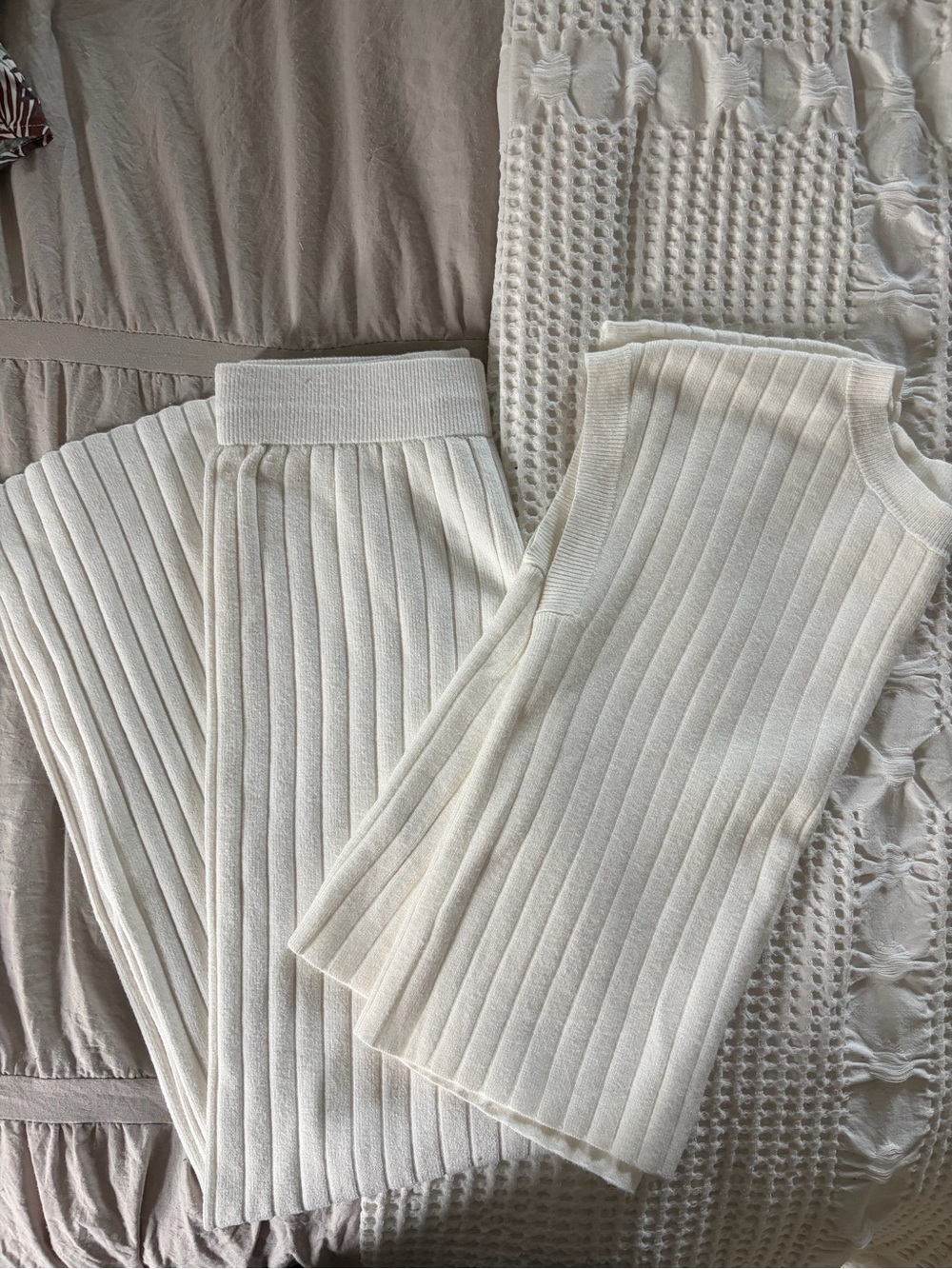 Cream Ribbed Knit Wide-Leg Pants